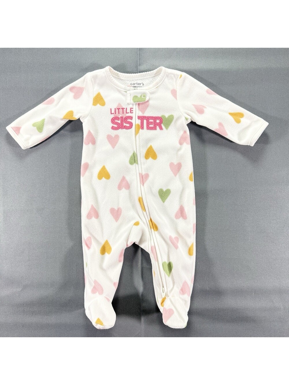 Carter's Fleece White Heart Print Zip Front Footie Pajamas Girls Size 0-3 Months